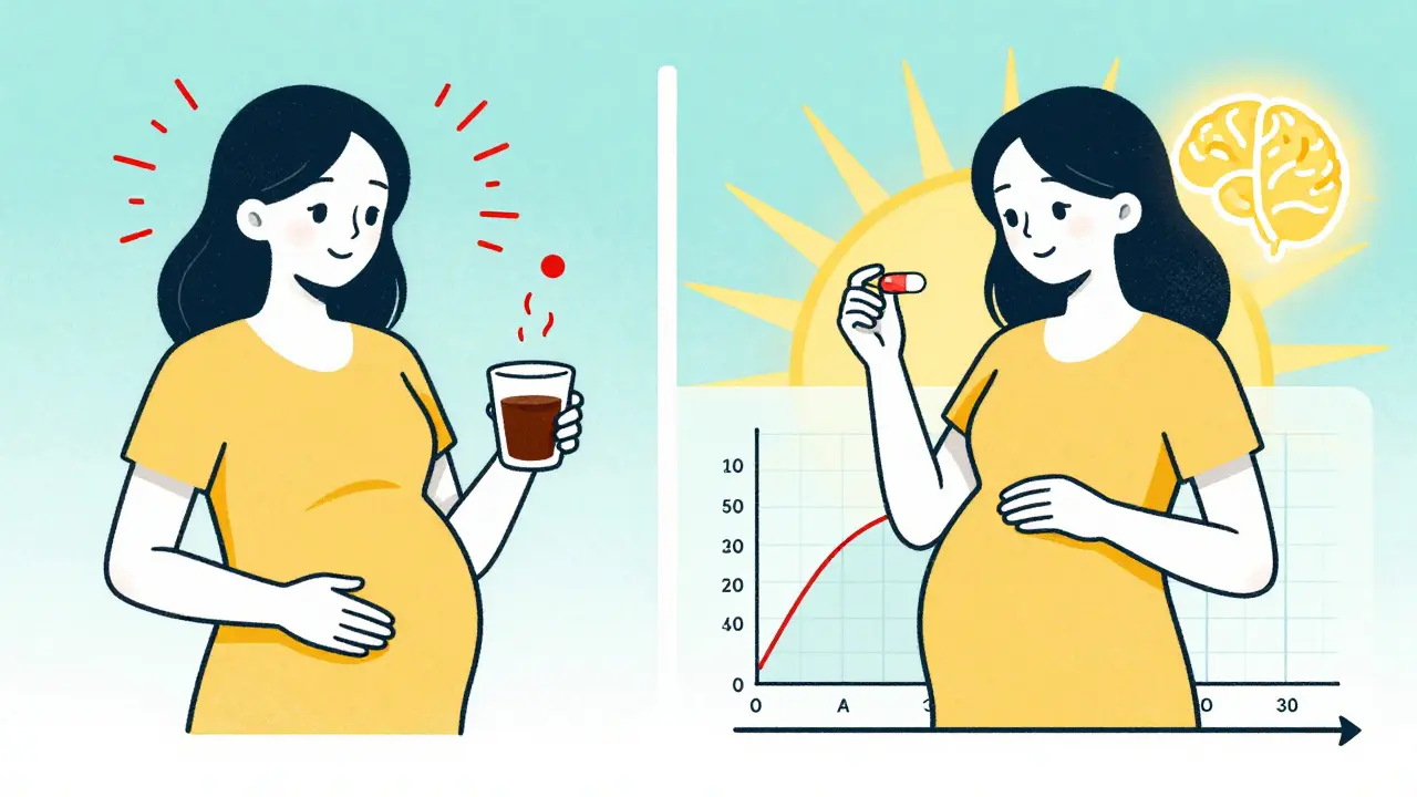 Split scene: incorrect vs correct levothyroxine intake with rising and stable TSH levels.