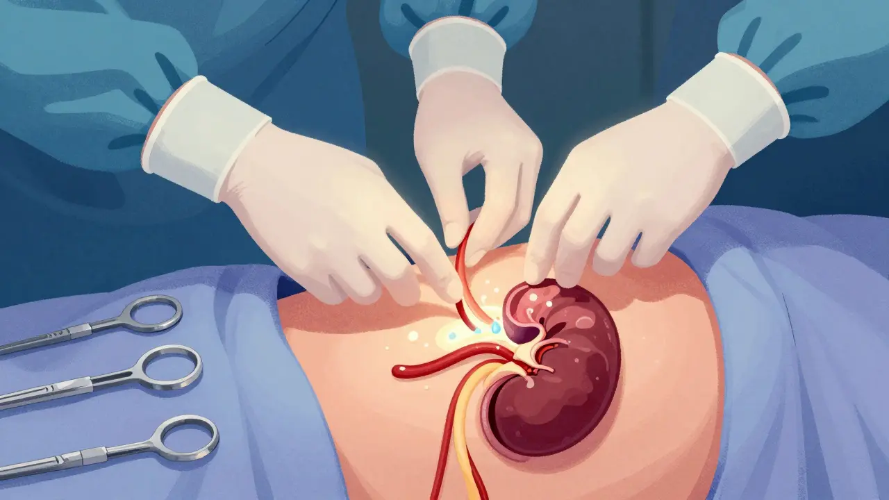 Surgeon's hands connecting blood vessels to a transplanted kidney, soft blue and lavender shadows, no faces.