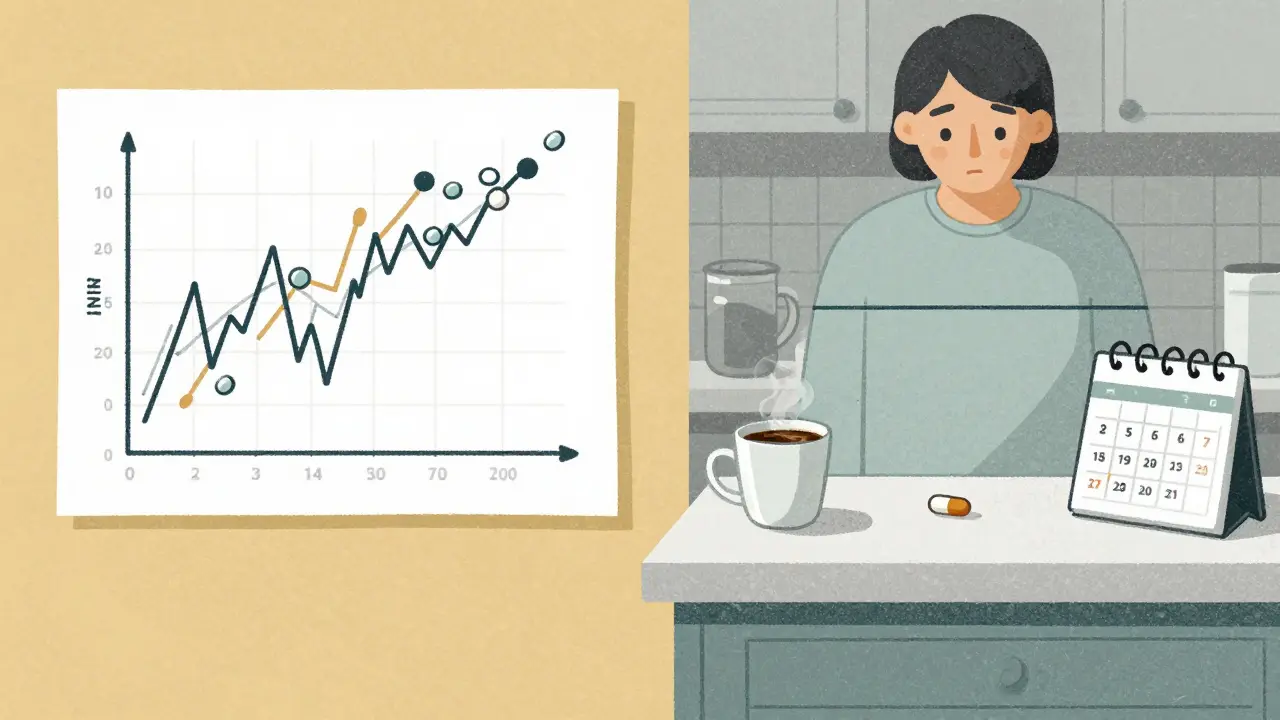 Two patients side by side: one chaotic, one calm, with vitamin K tablet on counter.