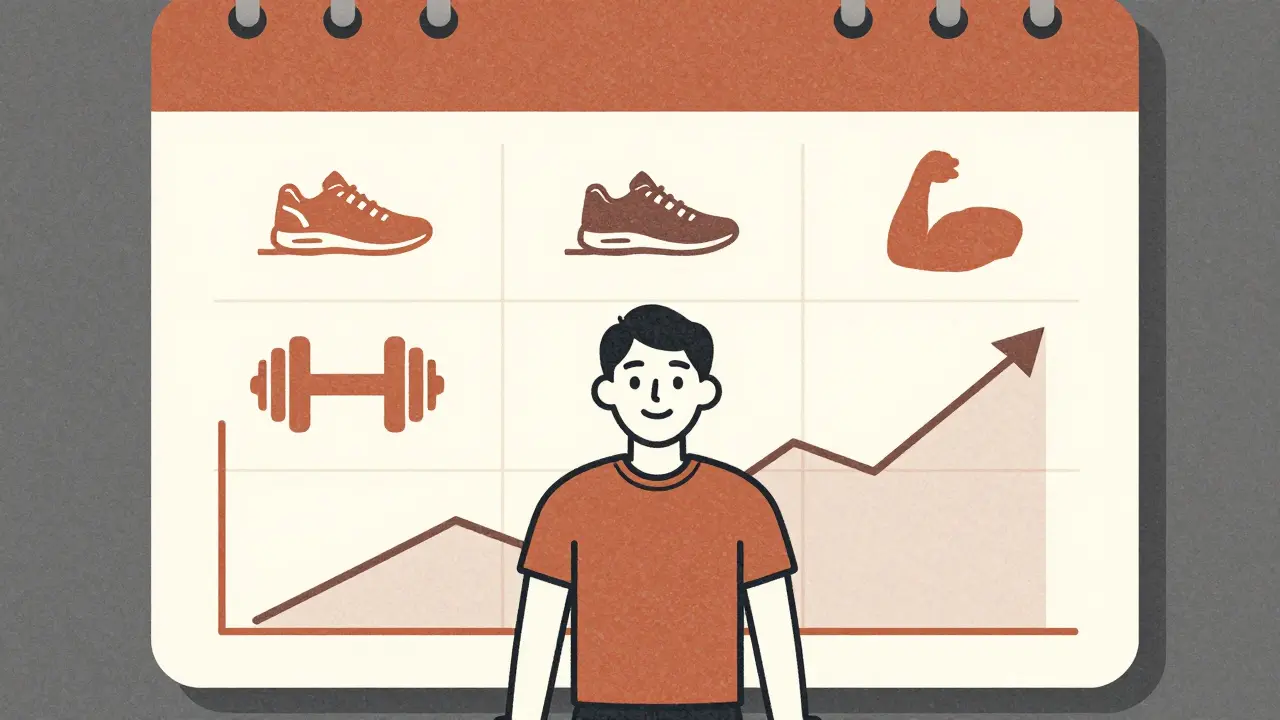 Weekly exercise calendar with cardio and strength symbols, person in better-fitting clothes behind.