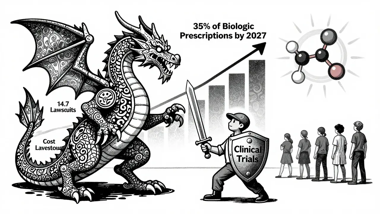 A biosimilar hero battling patent law dragons while a cost-savings graph rises toward a future of accessible treatment.