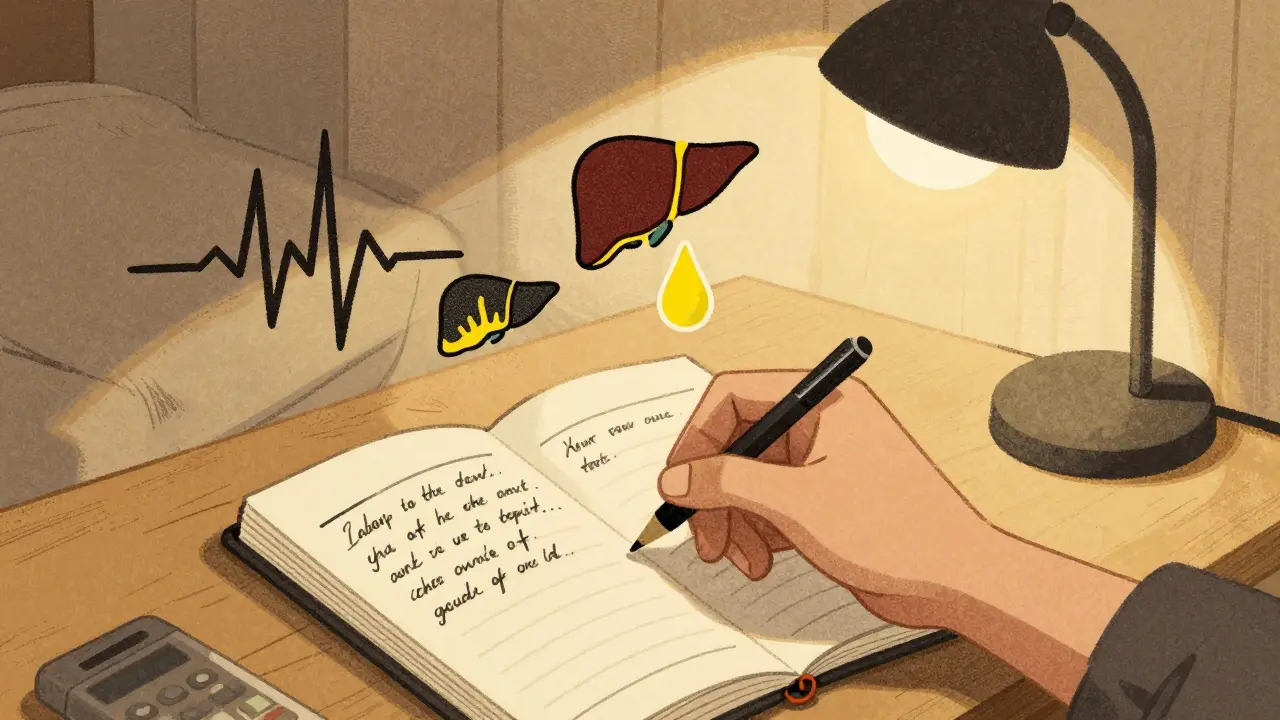 A hand journaling symptoms like rapid heartbeat and jaundice, with symbolic icons floating above in soft morning light.