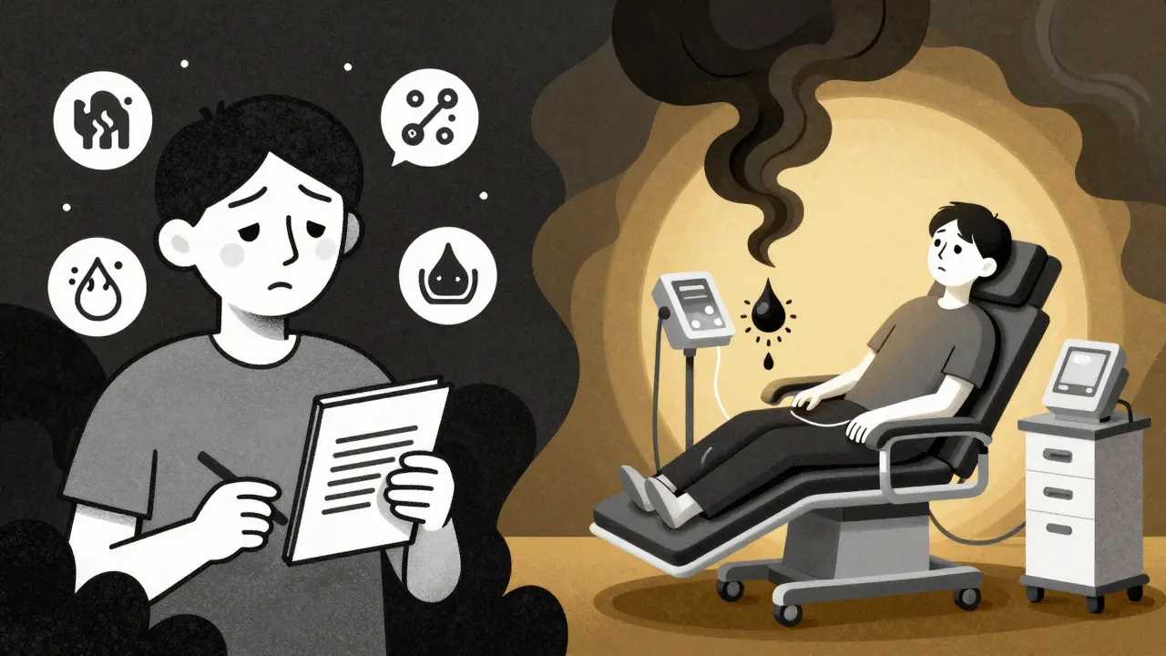 A patient before and after dialysis: one side suffering, the other calm as toxins drain into a machine.