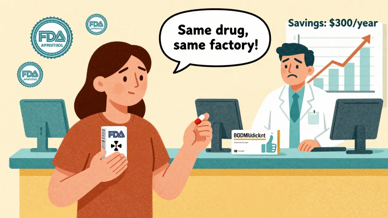 A patient comparing two pills—one causing rash, one with thumbs-up—while pharmacist looks on, with savings graph in background.
