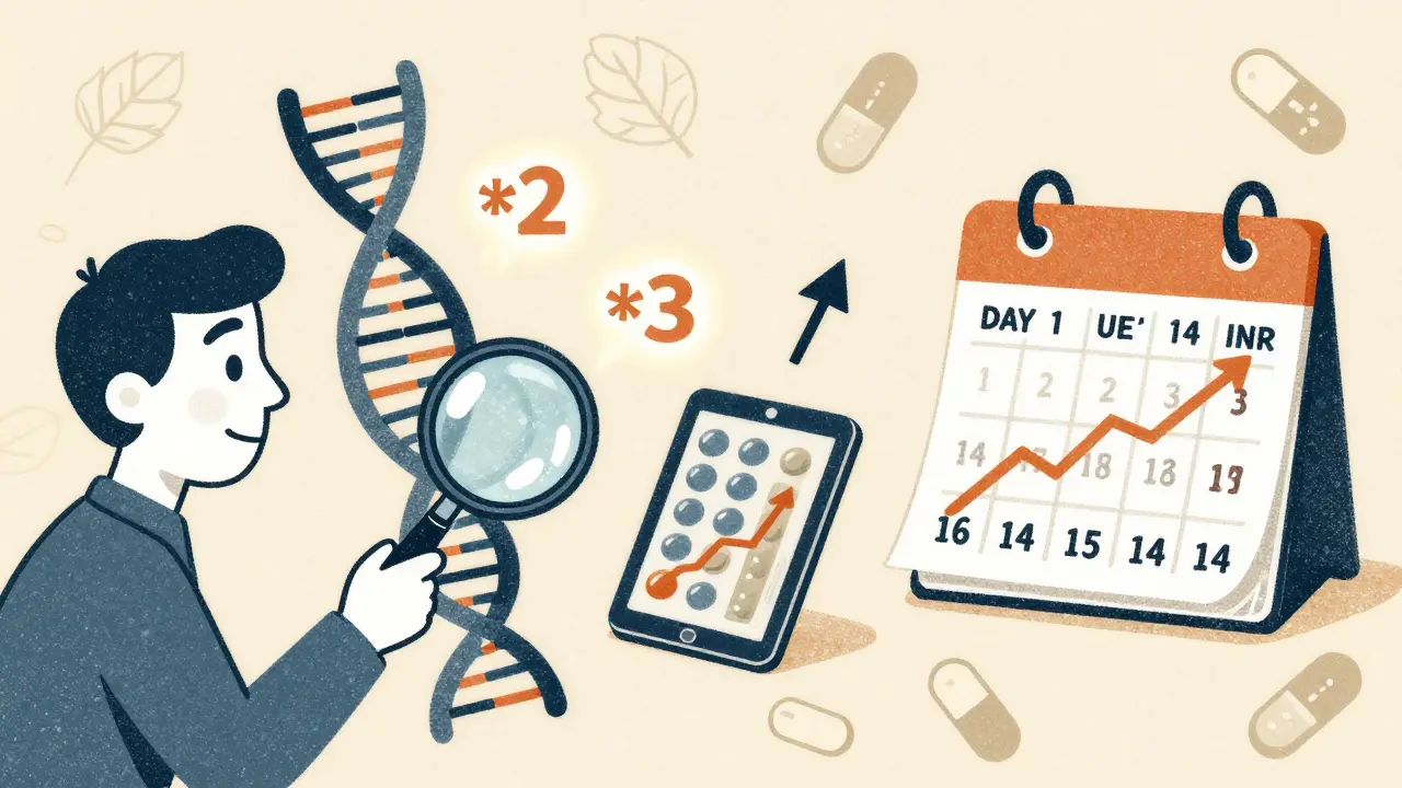 A person examining their DNA with glowing gene variants, warfarin tablet nearby, INR rising over 14 days, vitamin K leaves in background.
