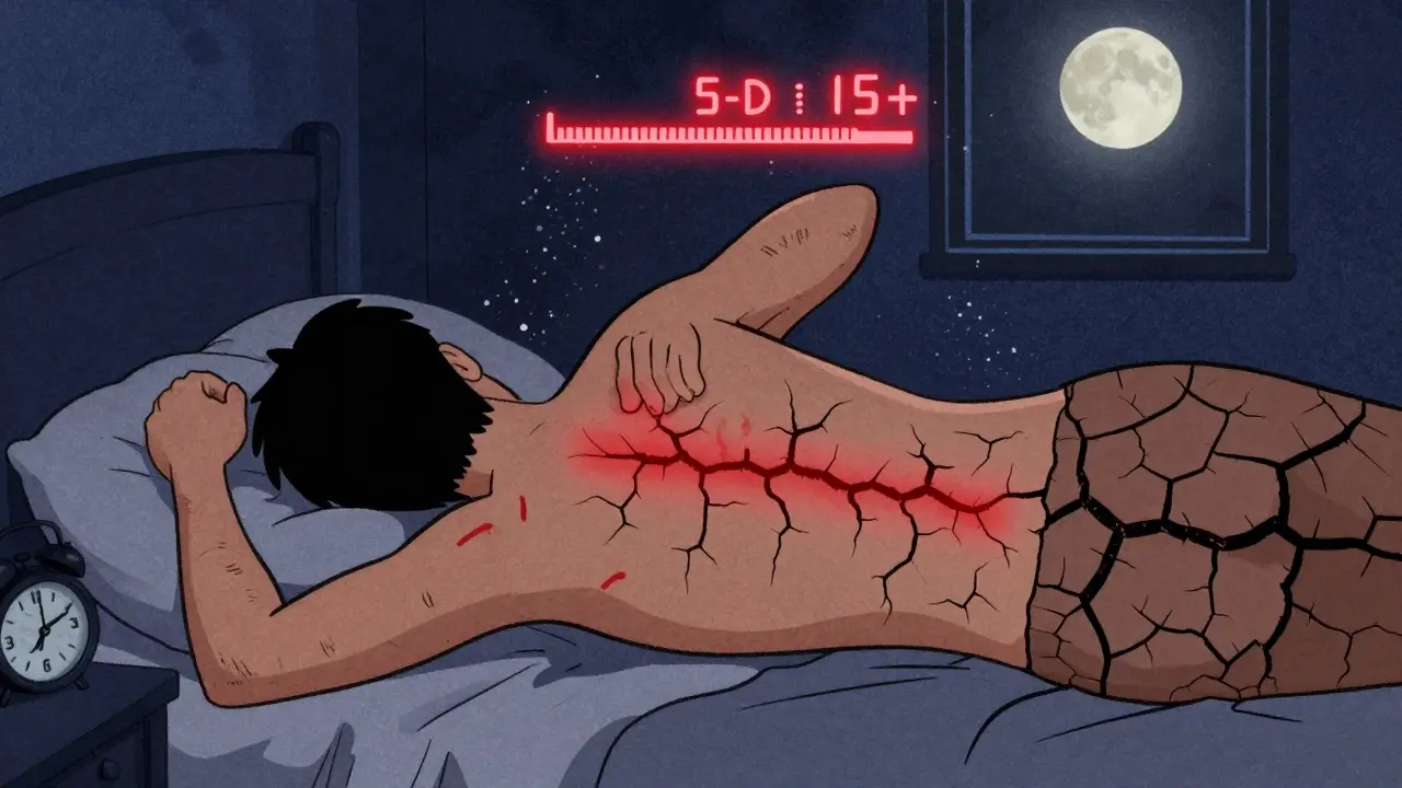 A person scratching violently at night, with symmetrical red marks and an itch scale reading 15+.