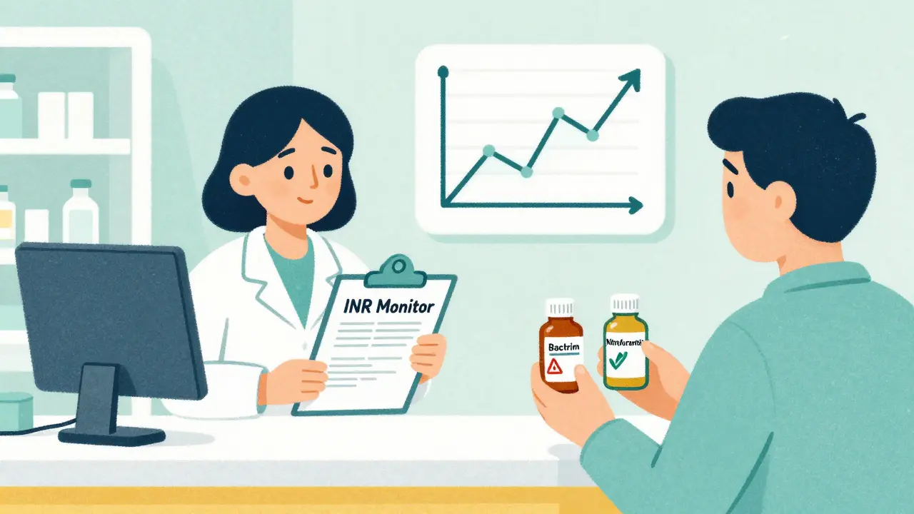 A pharmacist at a counter comparing two antibiotics, one with warning sign, one safe, with floating INR graph above.