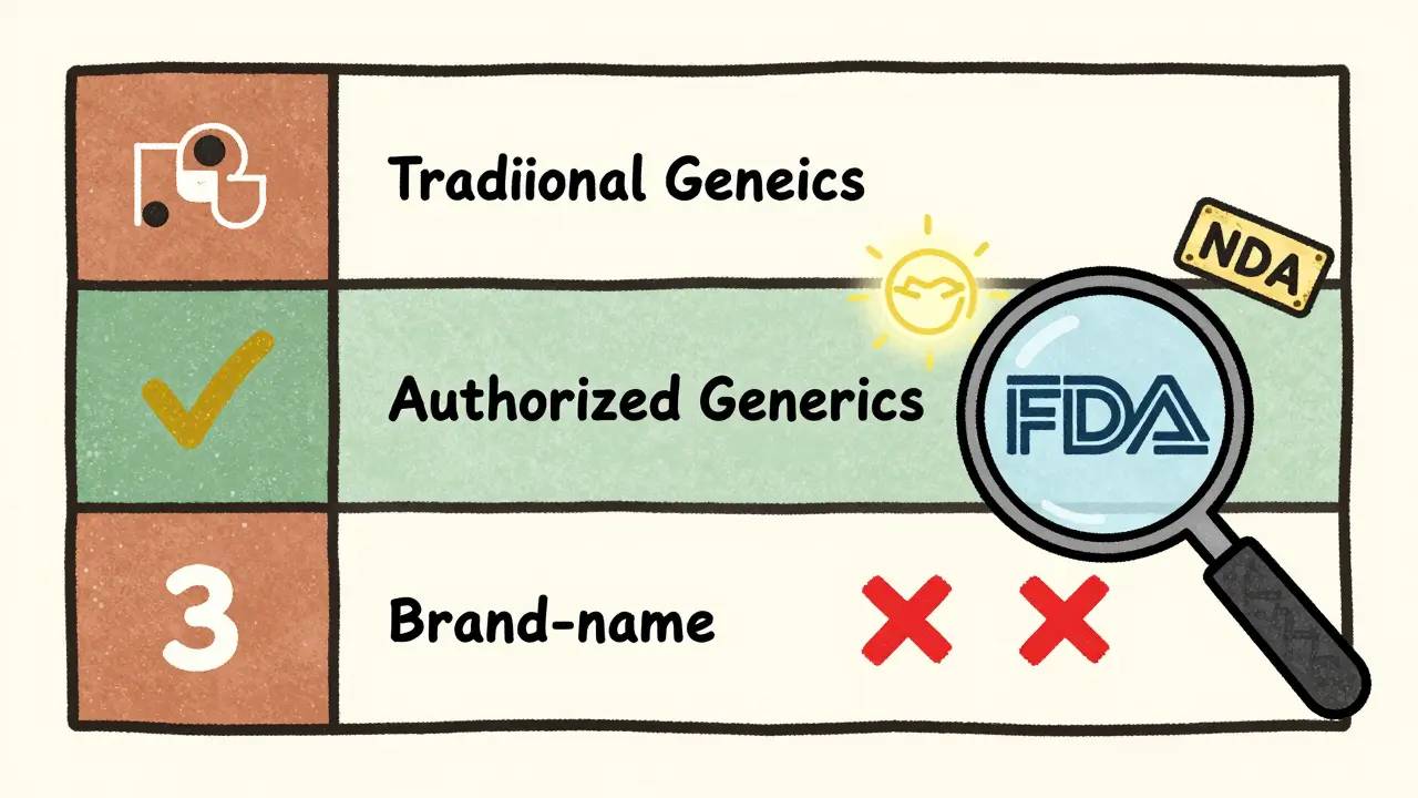 A pharmacy formulary chart showing authorized generics in Tier 2 with golden checkmark, equal to brand-name drugs.