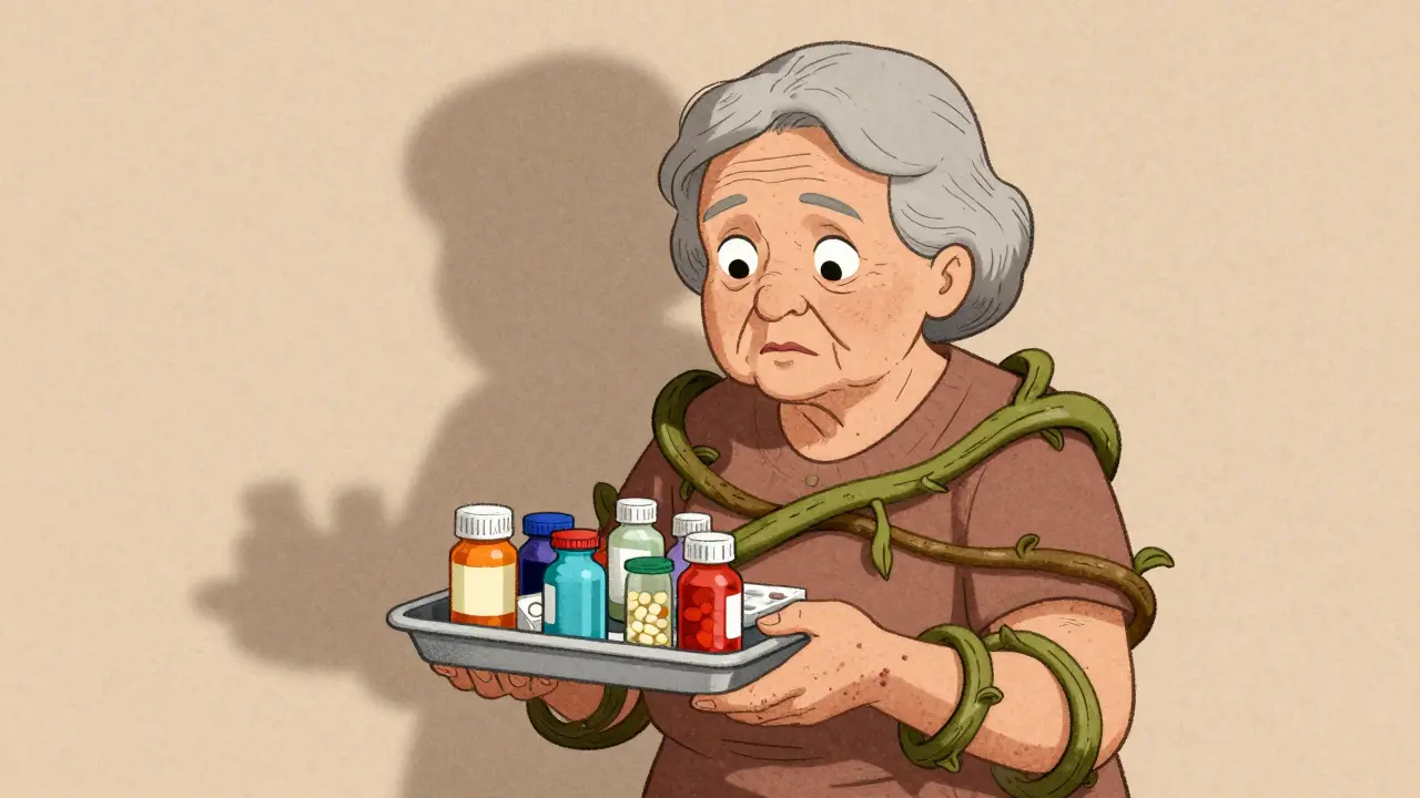 An elderly woman surrounded by multiple pill bottles, with a creeping vine symbolizing dangerous drug interactions.