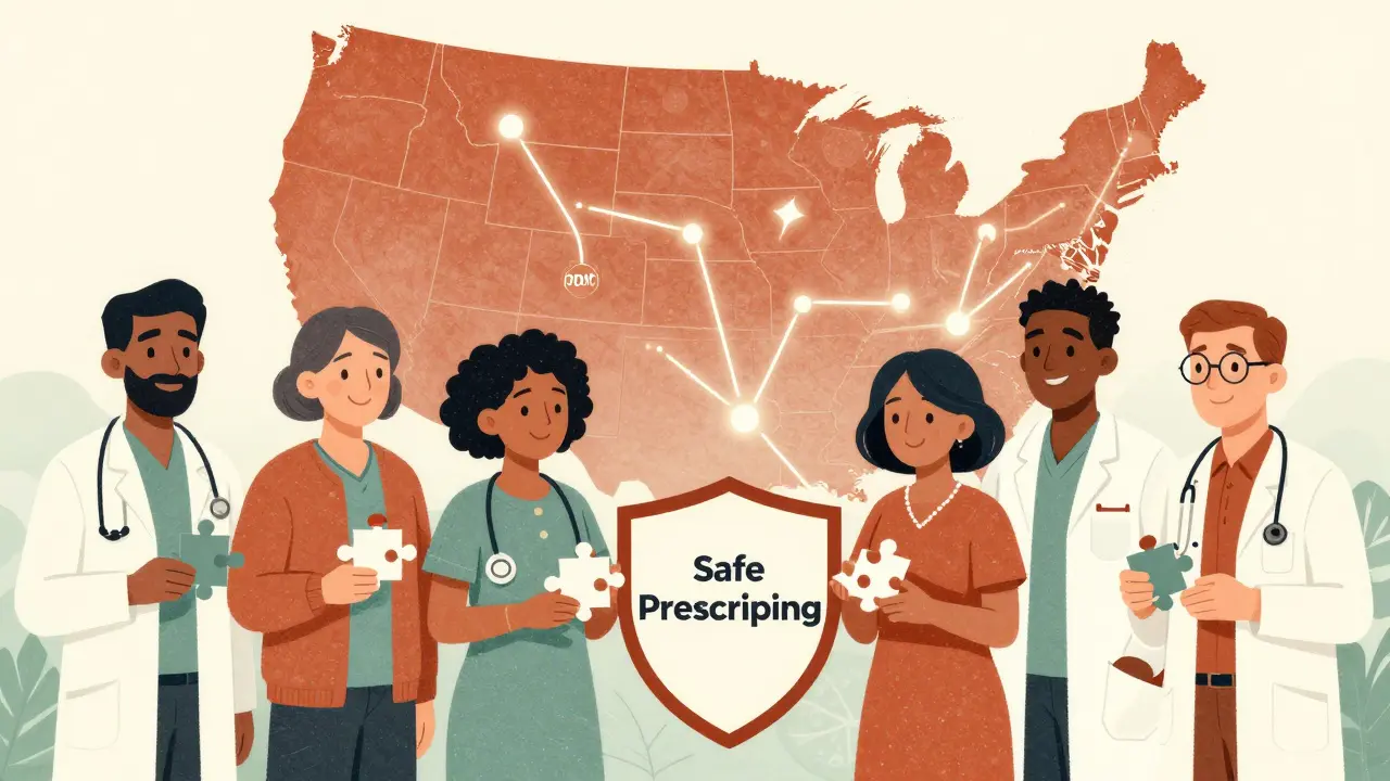 Diverse group of people assembling puzzle pieces into a shield labeled 'Safe Prescribing,' with connected state data streams behind them.