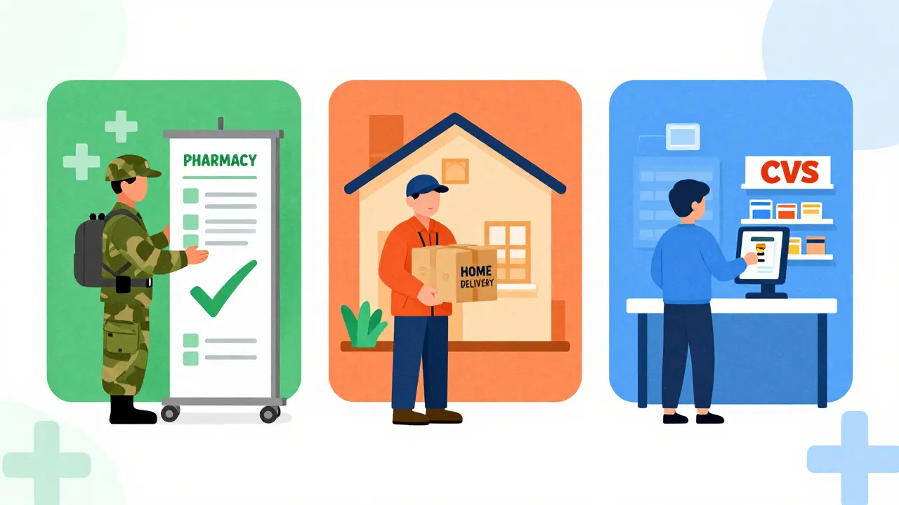 Military pharmacy, home delivery, and retail pharmacy scenes with distinct color palettes