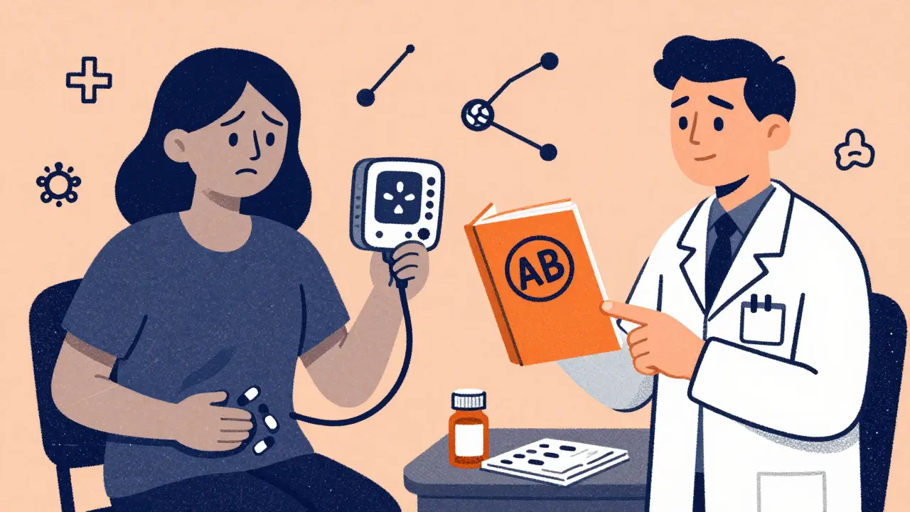 Patient holding thyroid monitor while pharmacist points to FDA Orange Book with AB rating