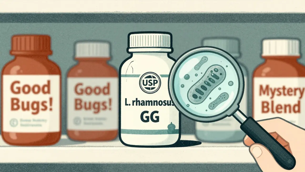 Shelf of probiotic bottles with one clearly labeled and verified, others blurry or misleading, magnifying glass over the correct one