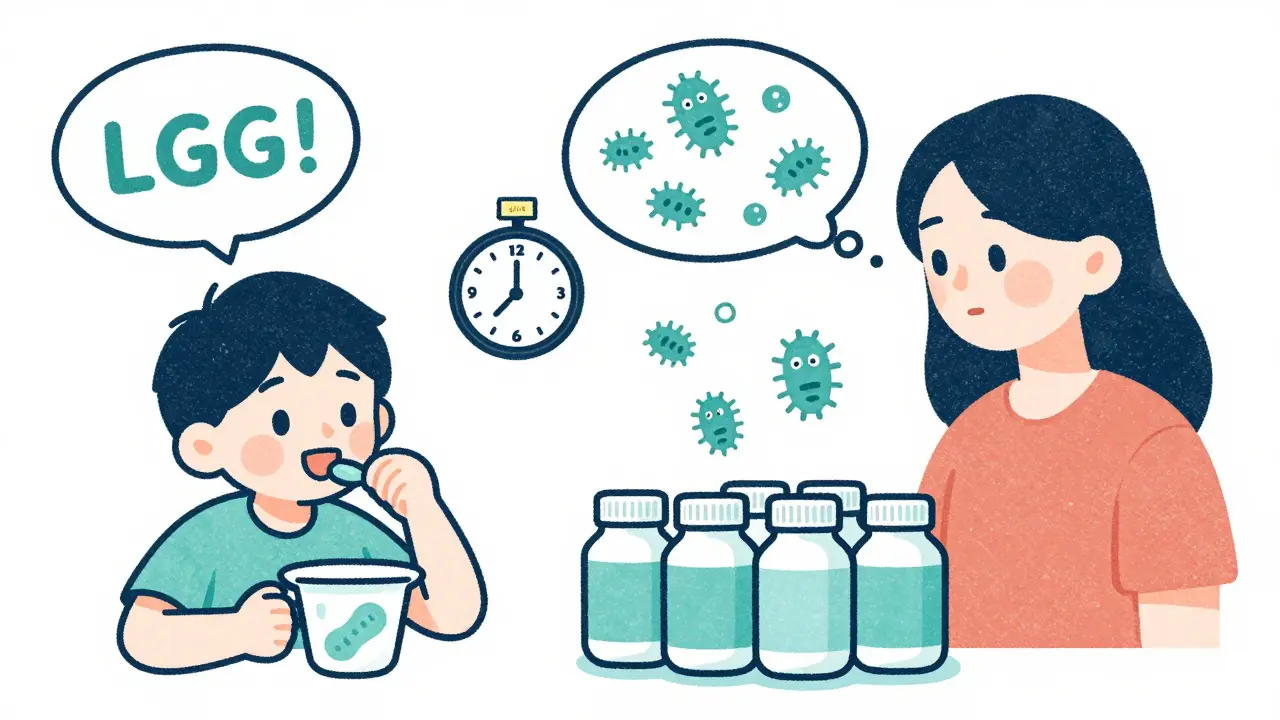 Split scene: child with yogurt and happy bacteria vs adult surrounded by empty bottles, time passing symbolized by a small clock