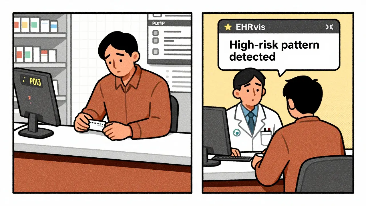 Split scene: pharmacist sees a PDMP alert while doctor views a warning on an electronic health record screen.