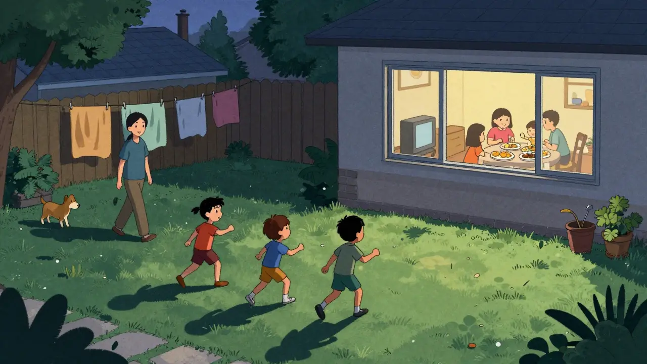 Three siblings play tag in the backyard while parents walk the dog and screens are turned off.