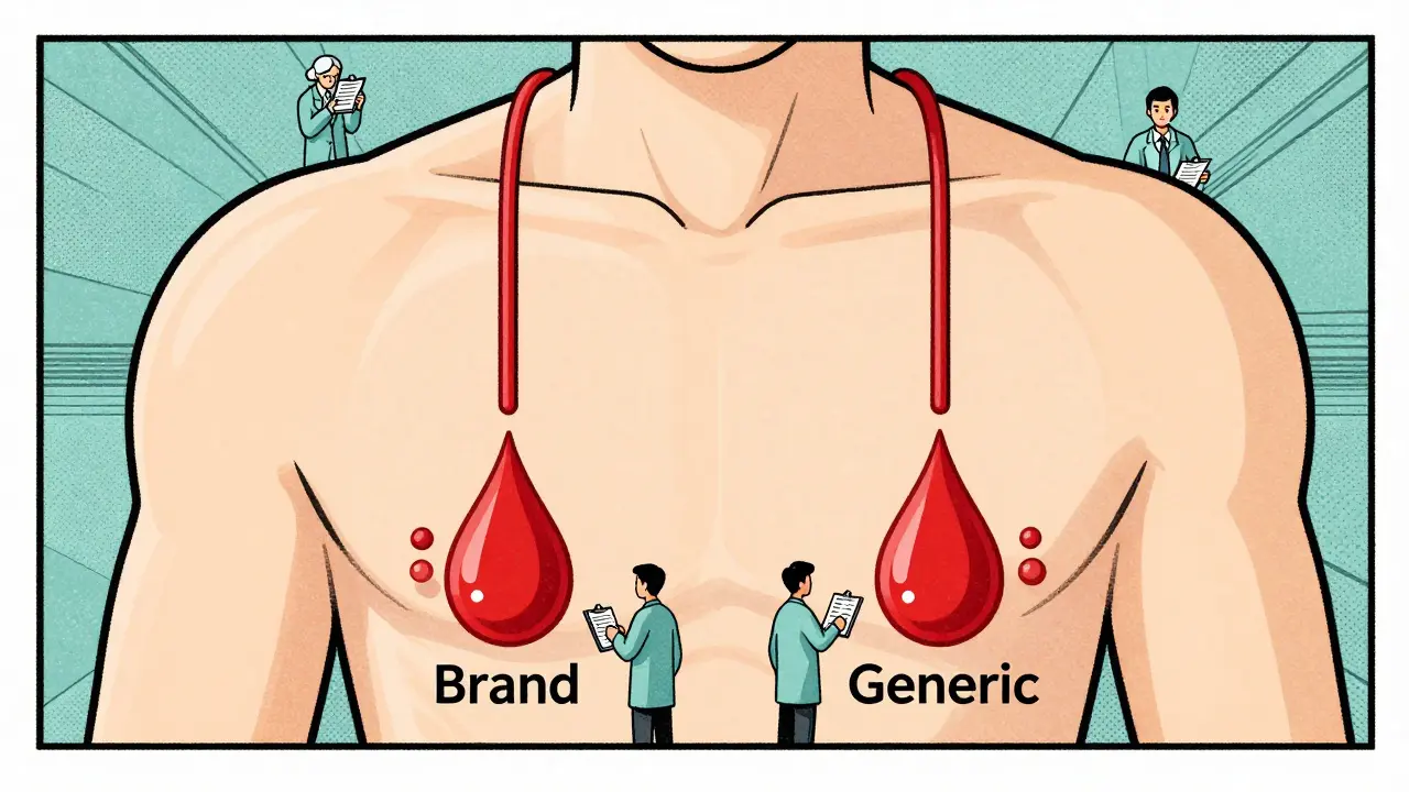 Transparent human body showing identical drug absorption in brand and generic medications