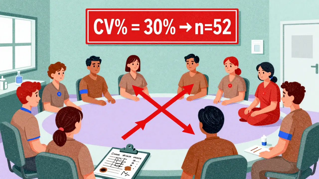 Volunteers in a crossover BE study with visual indicators of variability and required sample size increase.