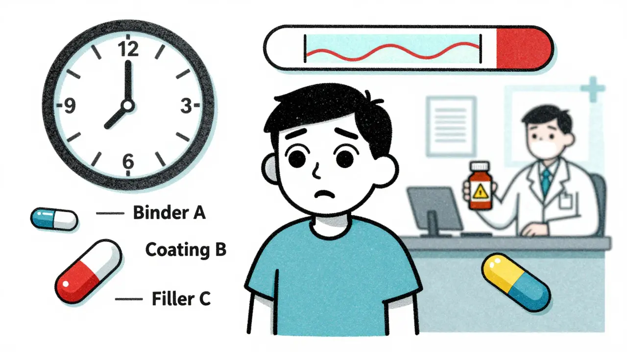 A patient showing dizziness and involuntary eye movements surrounded by different generic pill formulations with labeled ingredients.