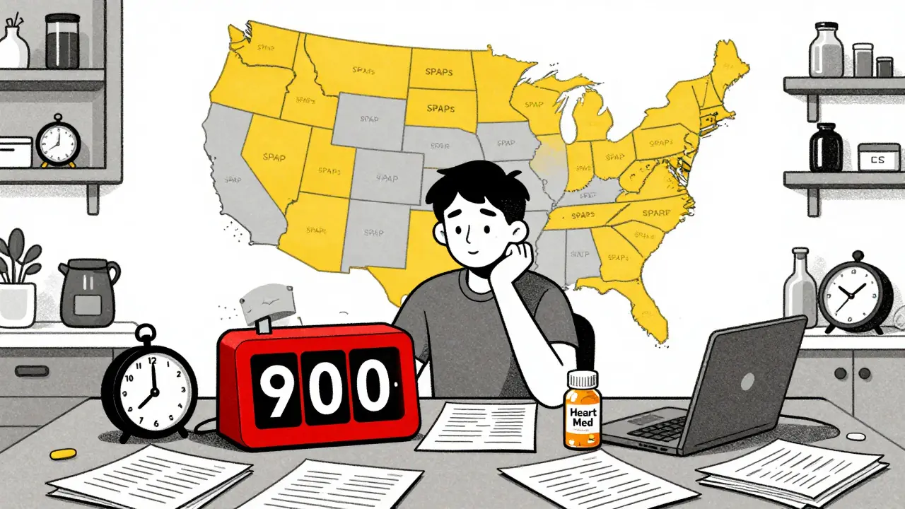 A person at a kitchen table overwhelmed by paperwork and a 90-day timer, with a U.S. map showing state program differences.
