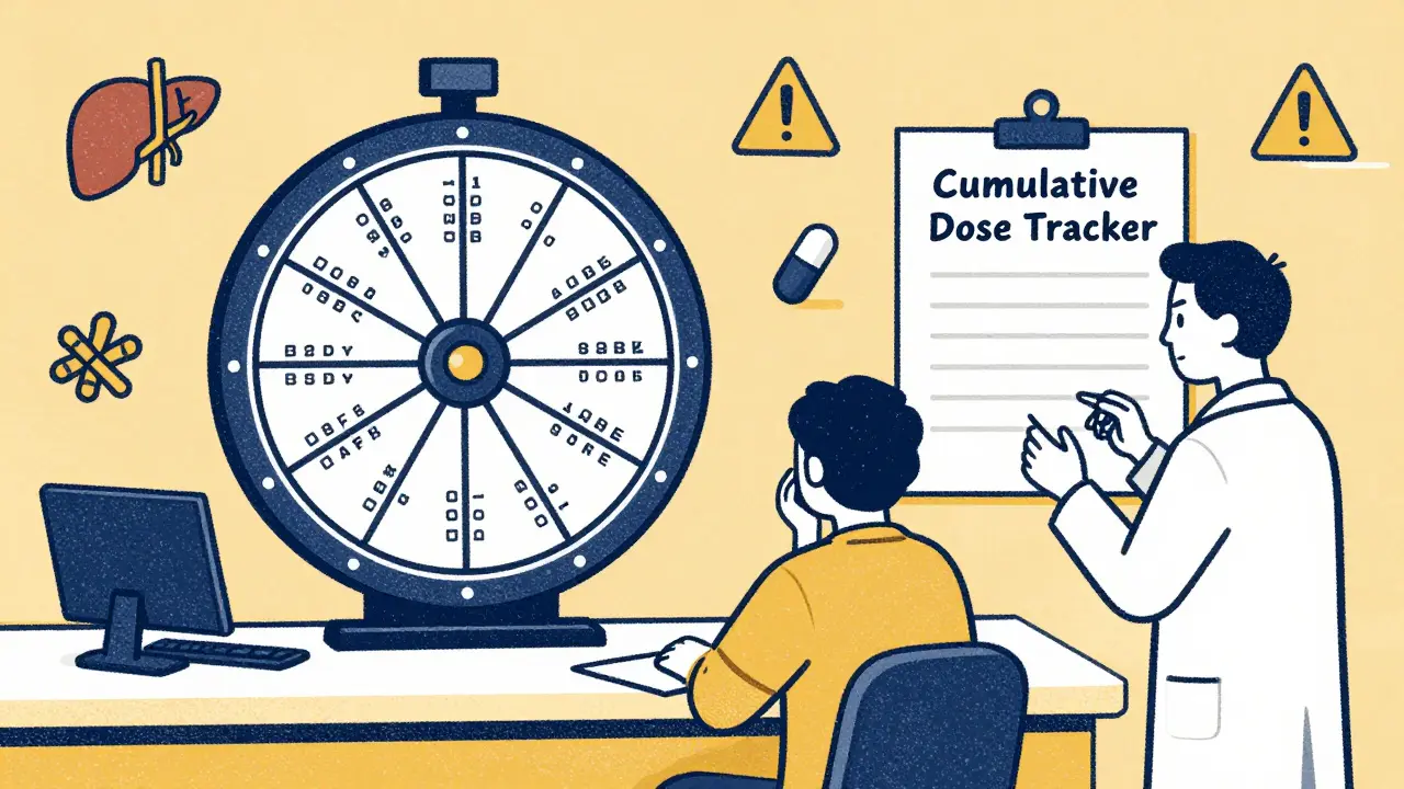 A pharmacist tracks cumulative drug doses on a spinning wheel while a confused patient and absent-minded doctor look on.