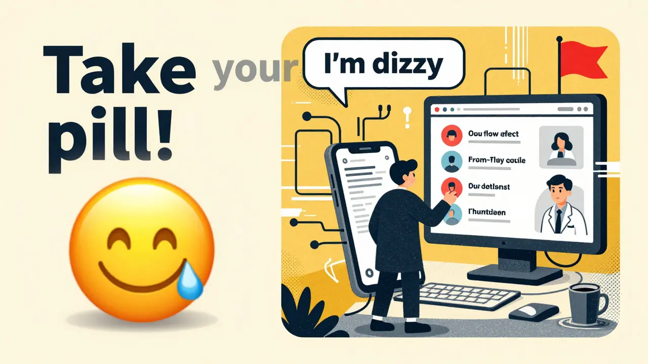 A split image contrasting a generic reminder with an AI system analyzing patient responses to alert a healthcare provider.