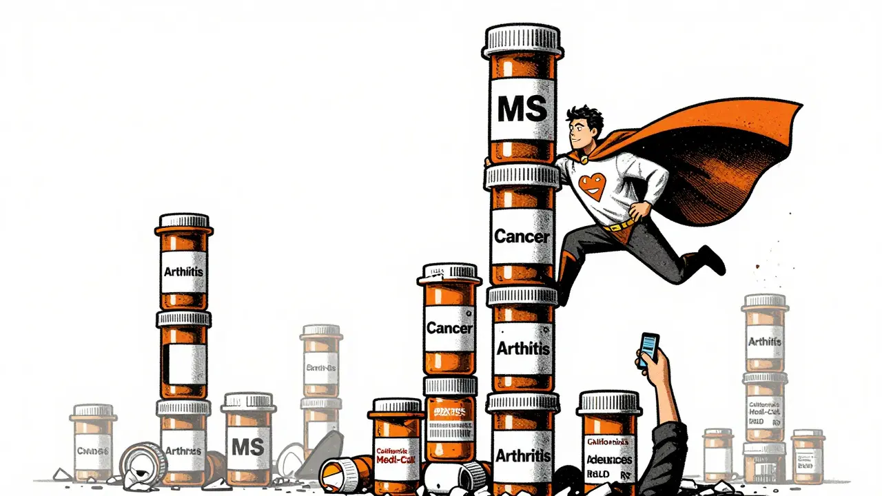 A stack of specialty medication bottles lifted by California’s program, while other states’ stacks shrink, people reaching for help.