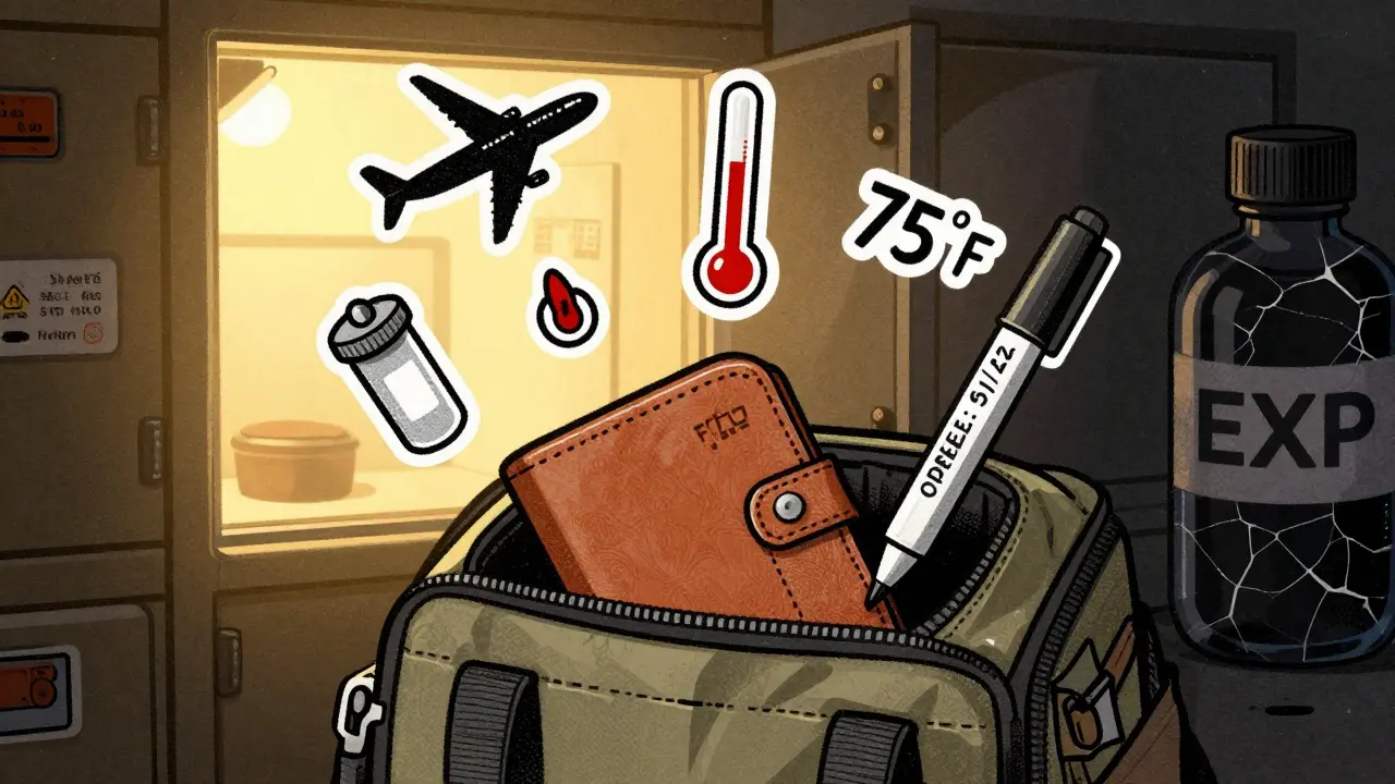 A traveler carrying insulin in a cooling wallet, marking the opening date on a pen.