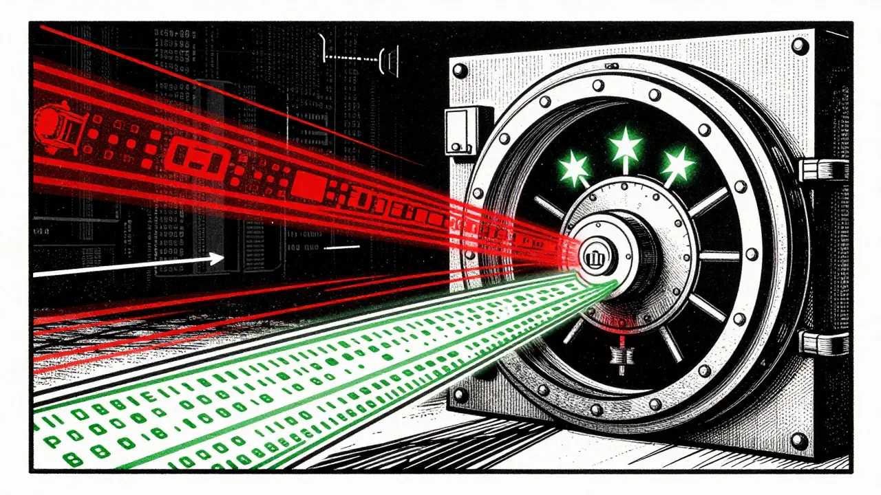 Abstract data vault with glowing signals in high contrast print style.