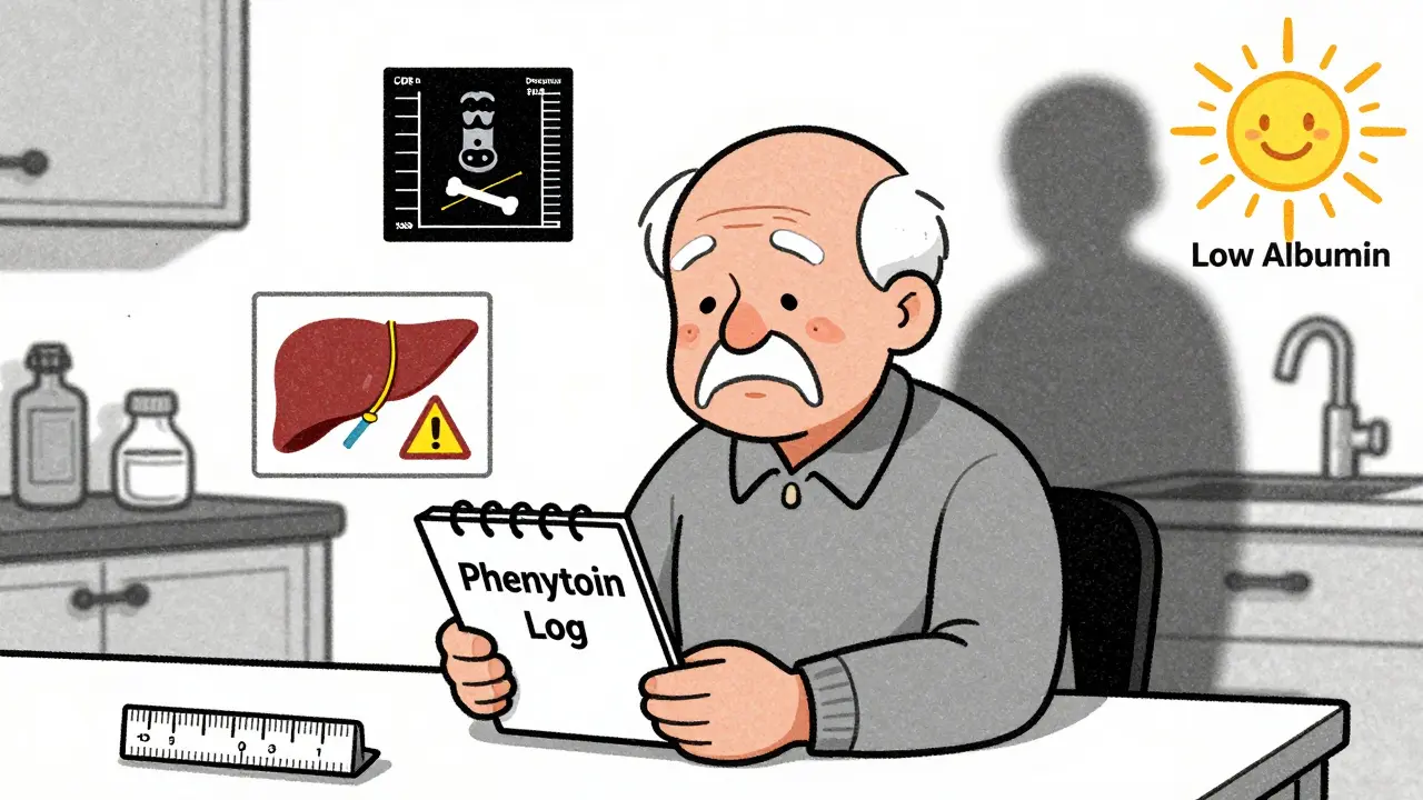 An elderly patient with gum swelling and hair changes keeping a log of phenytoin use, with medical icons floating around them.