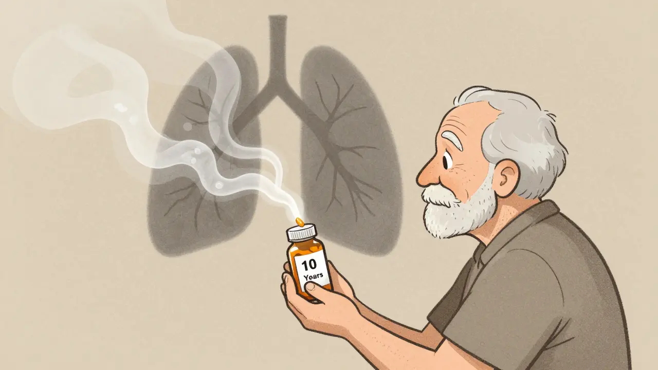 An elderly person surrounded by ghostly drug doses forming organ damage, holding a bottle labeled '10 Years'.