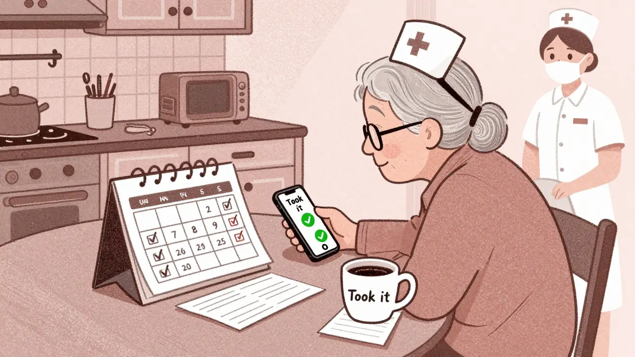 An elderly woman checks a text reply on her phone while a nurse’s note sits nearby at a kitchen table.