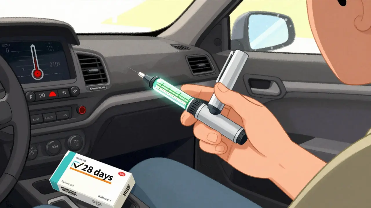 An insulin pen losing potency in a hot car, with expired date visible on the box.