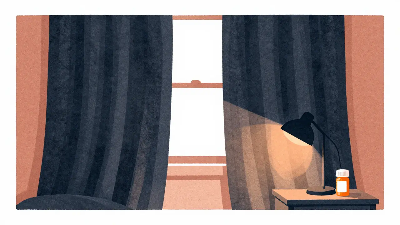 Blackout curtains and warm lamp in quiet bedroom