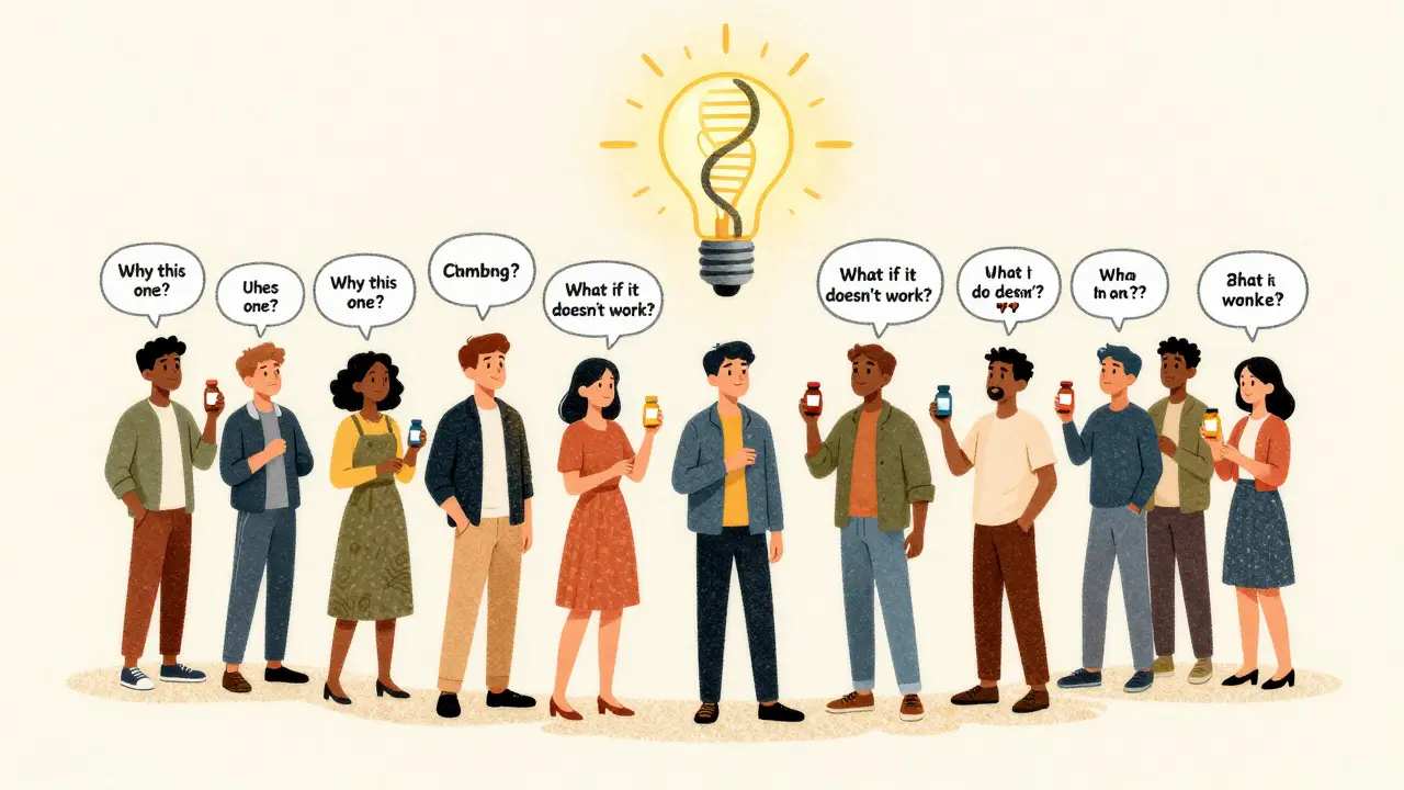 Diverse group of people holding medication bottles, with a lightbulb-shaped DNA helix above them representing personalized drug testing.