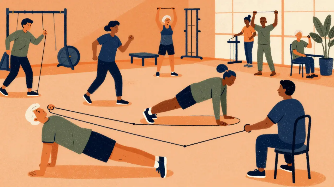 Diverse group of seniors performing resistance band strength training together