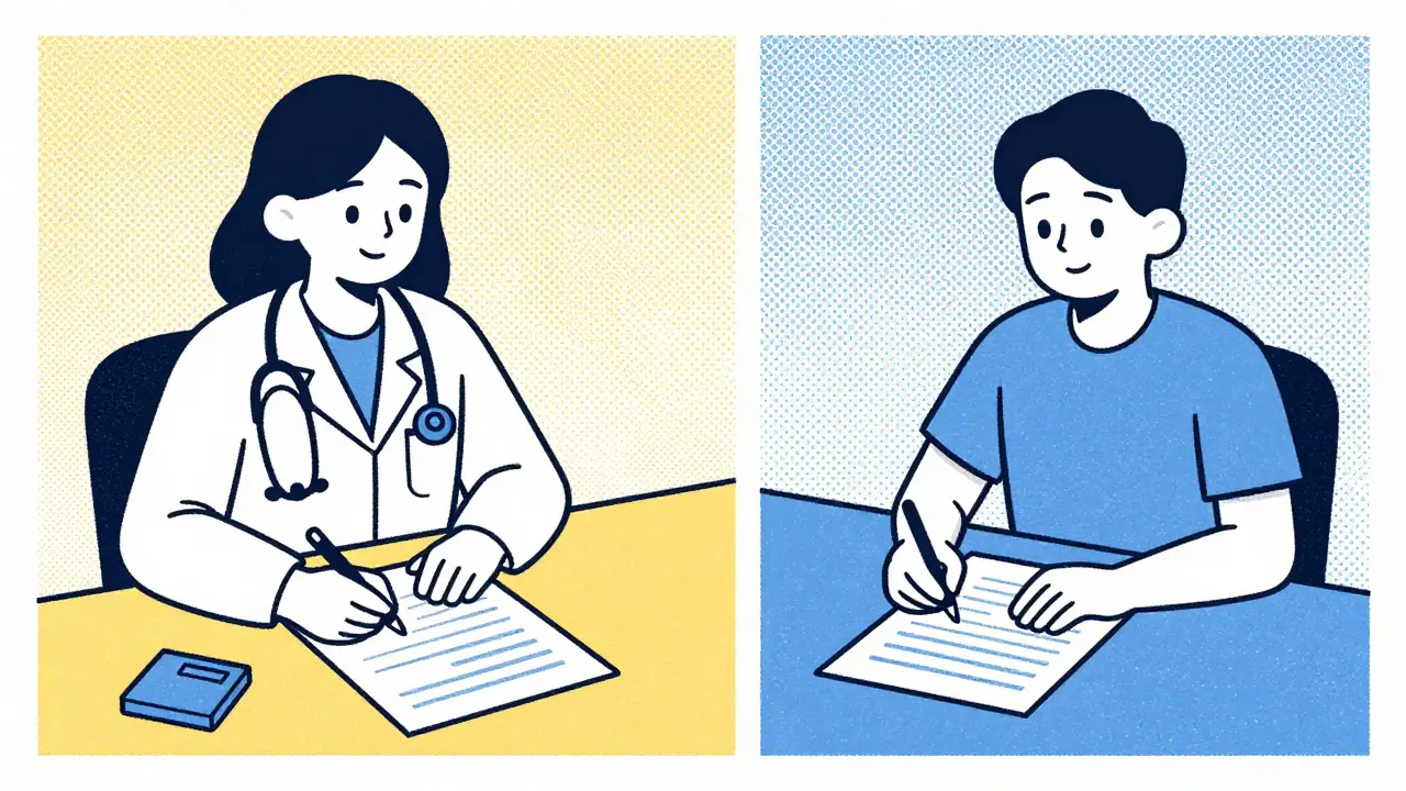 Doctor and consumer writing on forms at desks in retro illustration style.