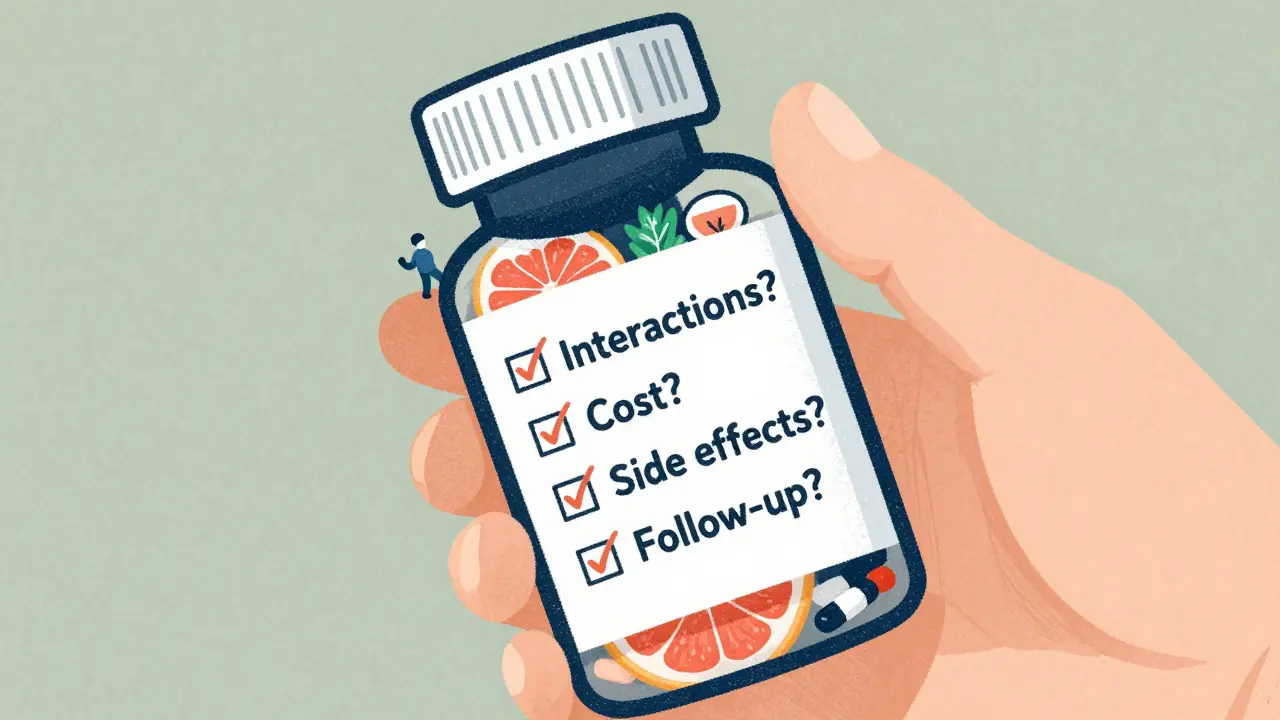 Hand holding a pill bottle with a checklist of medication questions and small food/supplement icons around it.