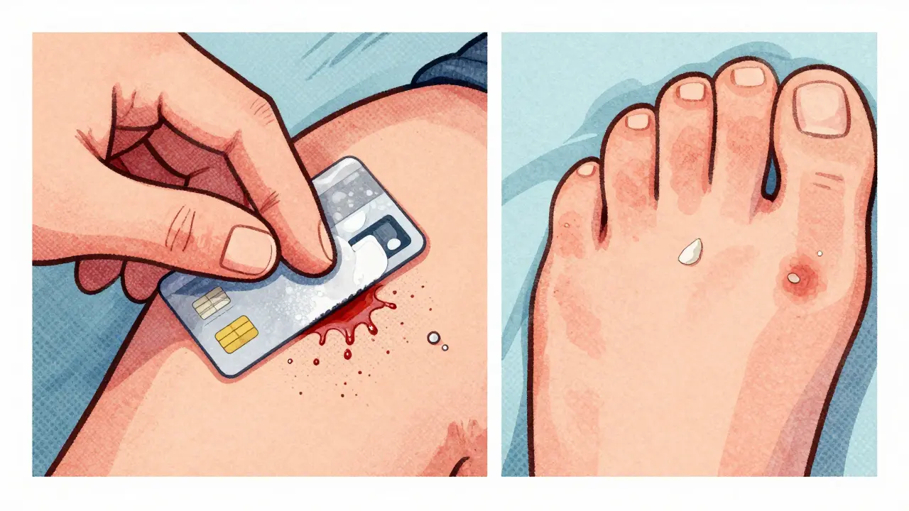 Hand scraping psoriasis plaque showing pinpoint bleeding, beside eczema with light flaking.