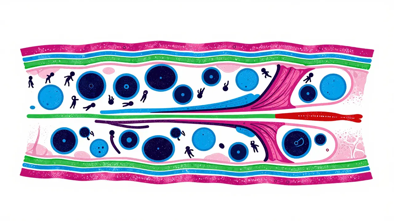 Microscopic view of healthy and atrophied muscle fiber cells side by side