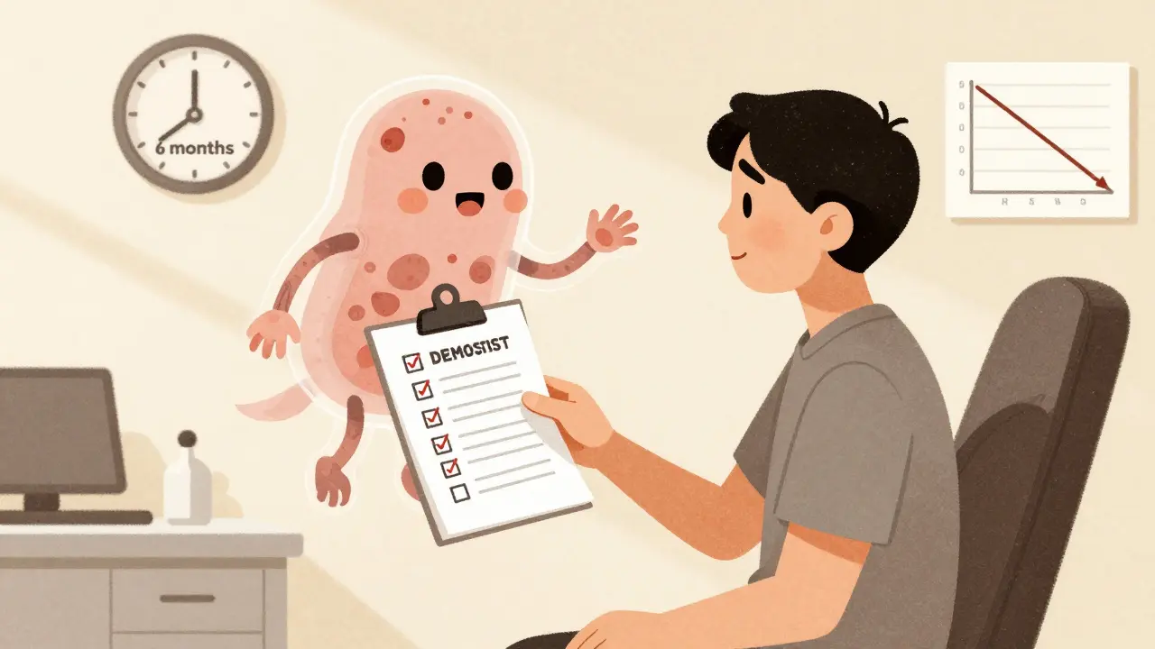 Patient in exam room with dermatology checklist, surrounded by a gentle cartoon immune system monitoring skin health.