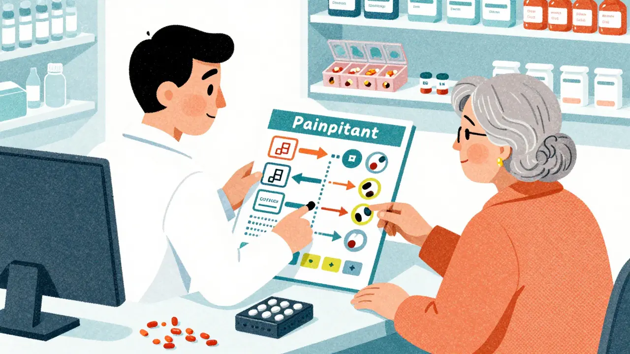 Pharmacist and older woman reviewing a simplified medication chart with icons, old pill organizers discarded nearby.