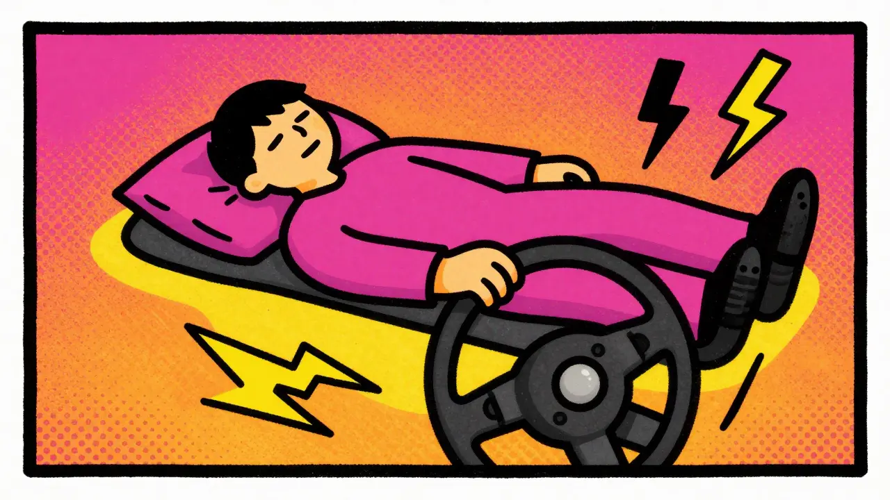 Sleeper floating above car steering wheel in warning style