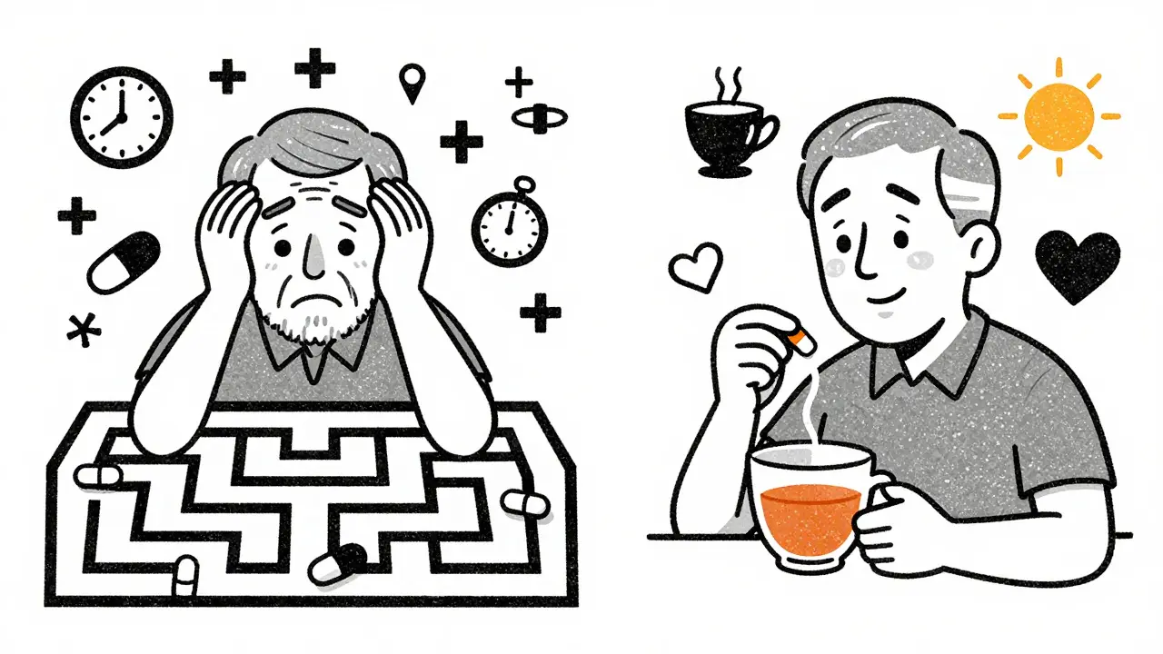 Split illustration: one side shows confusion with pills and clocks, the other shows calm with one pill and morning tea.