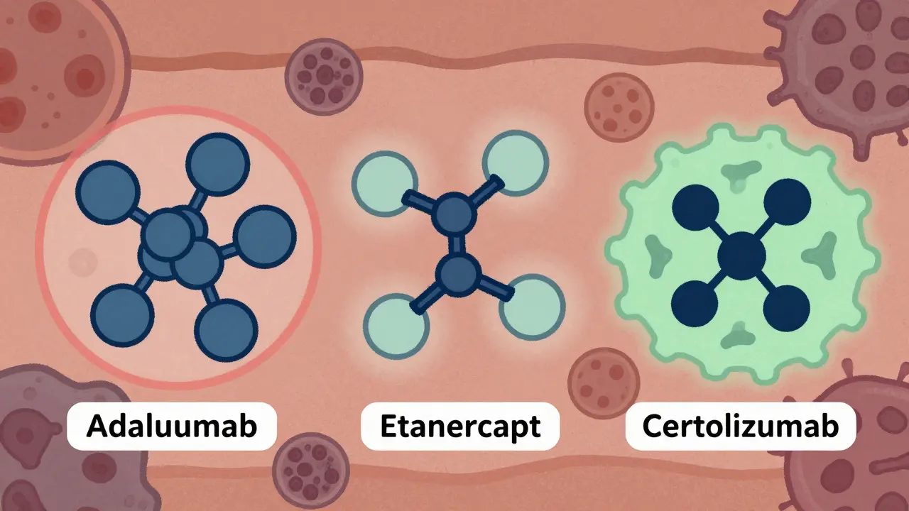 Three TNF inhibitor drugs shown interacting with immune cells, with visual differences in design and risk indicators.