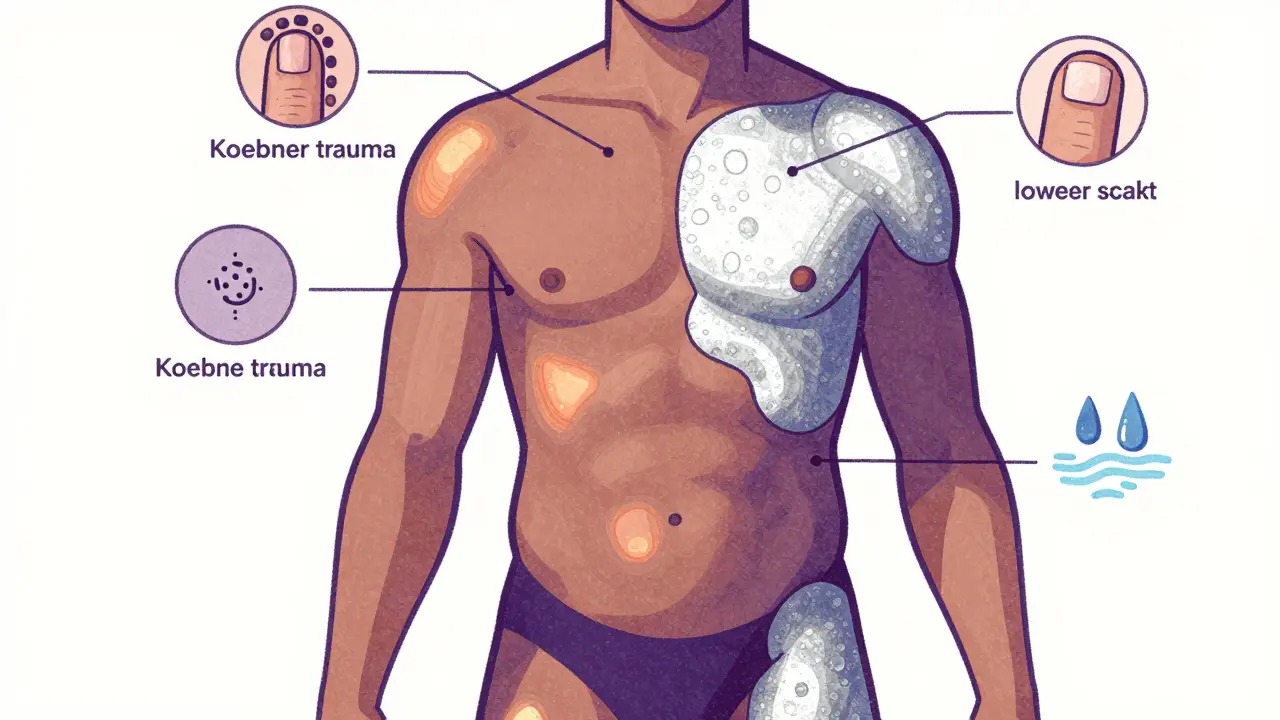 Torso diagram showing eczema in flexural areas and psoriasis on extensor surfaces with key visual markers.
