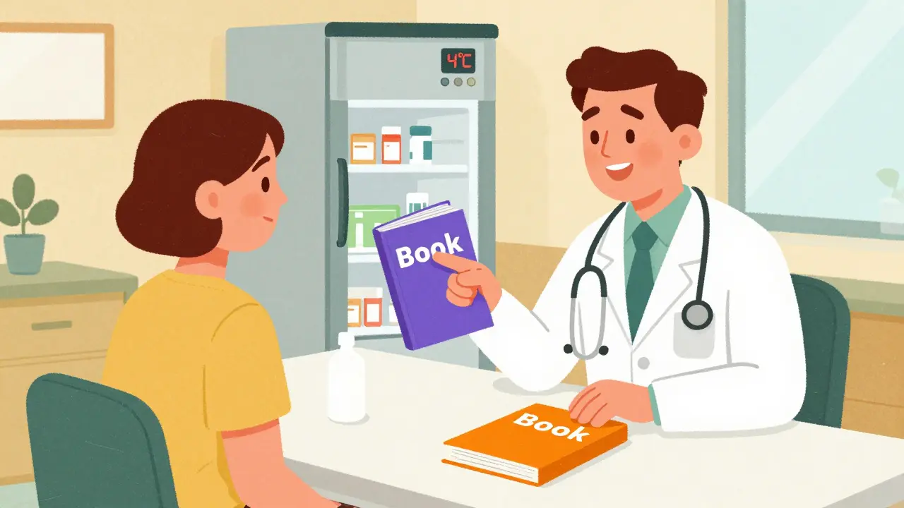 A doctor and patient discussing medicine options next to a medical refrigerator.