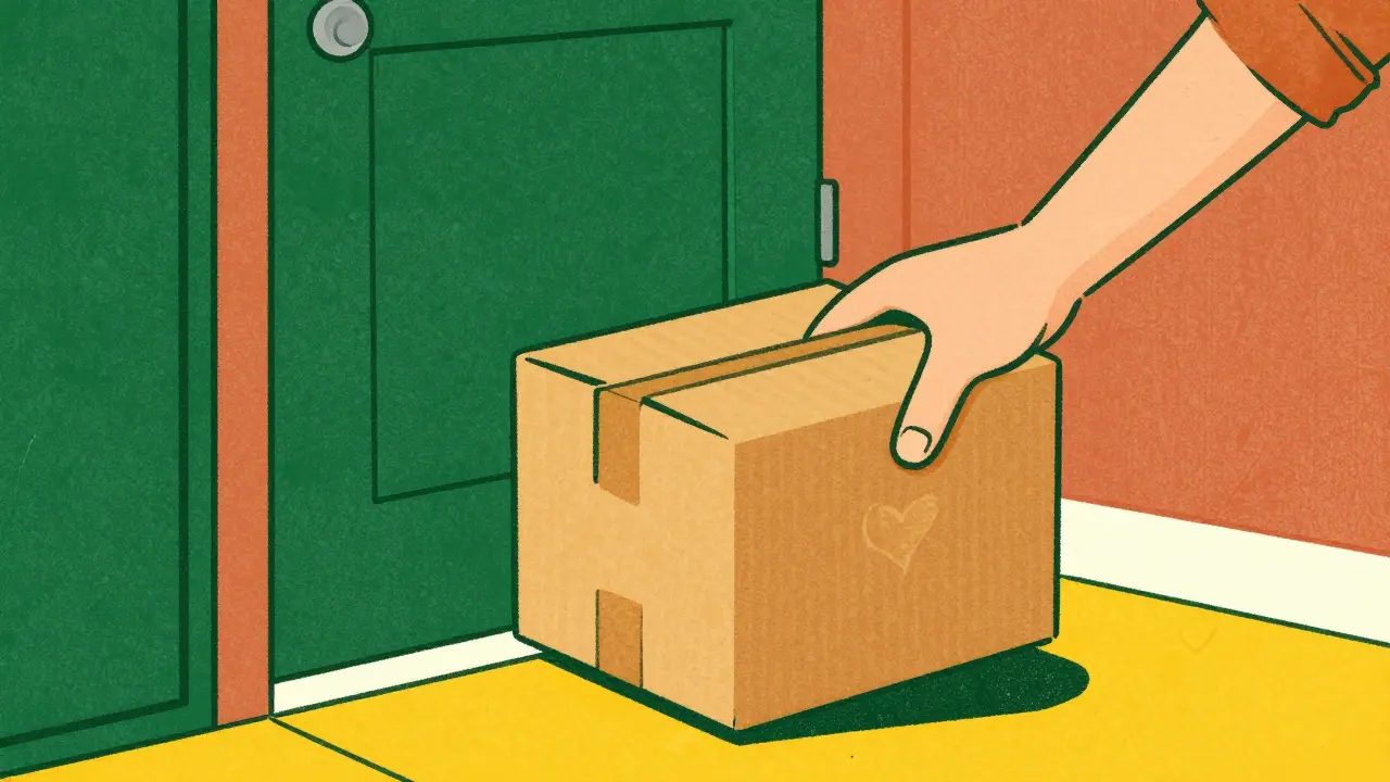 A person picking up a discrete medical delivery package from their doorstep.