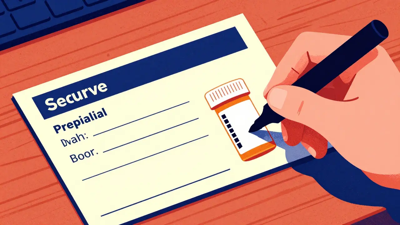 Close-up of someone blacking out personal info on a pill bottle next to a mail-back envelope.