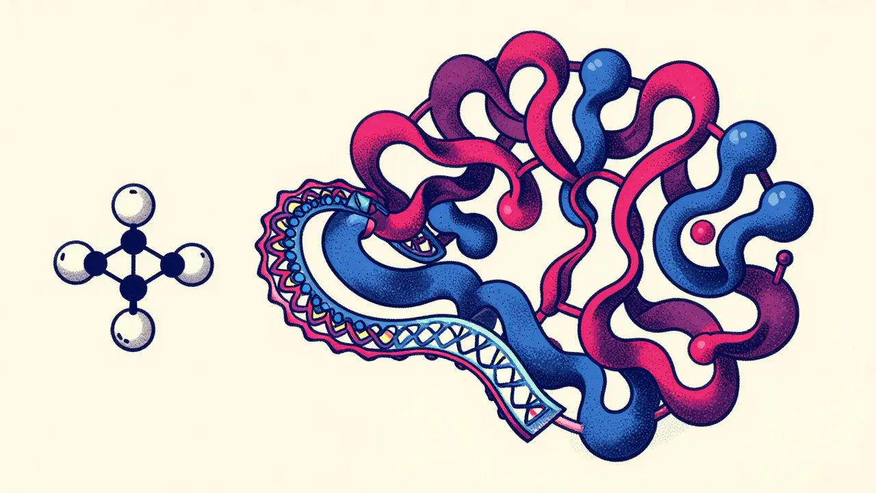 Comparison of a small chemical molecule and a large, complex folded protein structure.